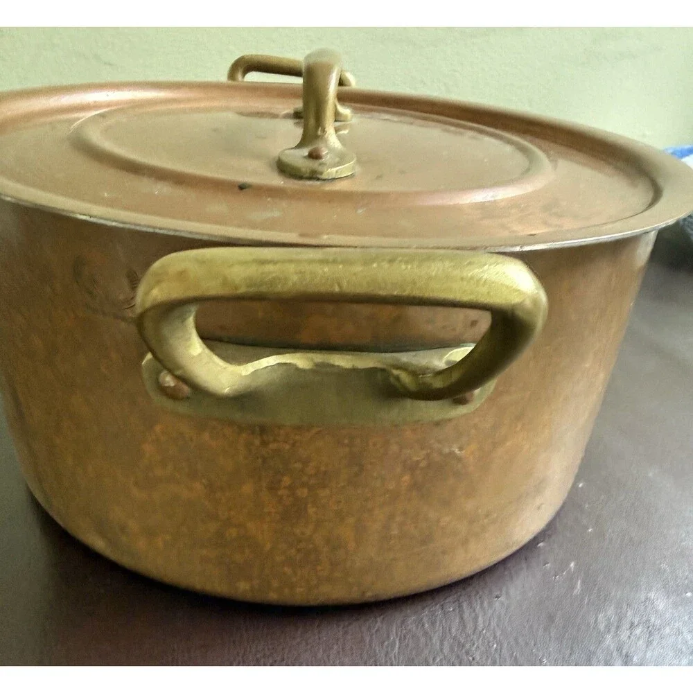 Vintage Copper Pot With Lid Brass Handles Patina Cottagecore French Country farm